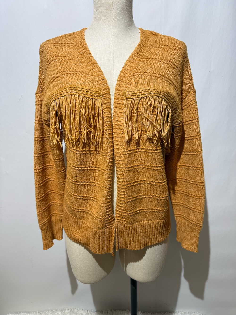 Maurice Open-Front fringe Women's Sweater Cardigan - Mustard size medium